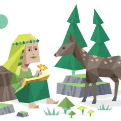 Kobieta o łagodnym spojrzeniu, symbolizująca infp-t charakterystykę, siedzi na pniu, trzymając kwiat. Obok niej stoi sarenka, a w tle las i księżyc.