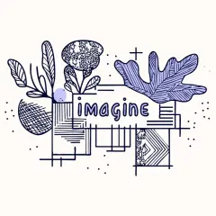Abstrakcyjna technika wizualizacji z napisem "imagine" otoczonym przez stylizowane liście i geometryczne kształty.