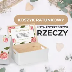 Drewniane pudełko "Niezbędnik Weselny" z napisem "Koszyk Ratunkowy - Lista Potrzebnych Rzeczy". Idealne, by wiedzieć, co zabrać na wesele.