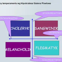 Wykres typów temperamentu: choleryk, sangwinik, melancholik, flegmatyk. Podział na reaktywność i równowagę.