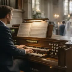 Mężczyzna w garniturze gra na organach w kościele. W tle para młoda i goście. Zastanawiasz się, ile bierze organista za ślub?