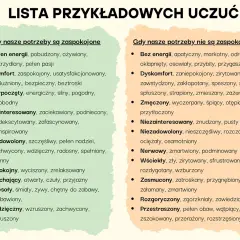 Lista przykładowych uczuć, gdy potrzeby są zaspokojone (np. pełen energii, komfort) i gdy nie są (np. dyskomfort, zmęczony). NVC co to? To lista emocji.
