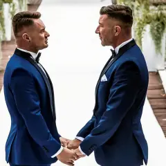 Dwóch panów w eleganckich garniturach trzyma się za ręce, celebrując swój ślub homoseksualny.
