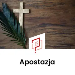 Złoty krzyż i gałązka palmy na drewnianym tle. Tekst "Apostazja" sugeruje unieważnienie chrztu.