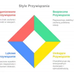 Diagram przedstawia cztery typy przywiązania: bezpieczne, lękowe, unikające i zdezorganizowane, opisując ich cechy.