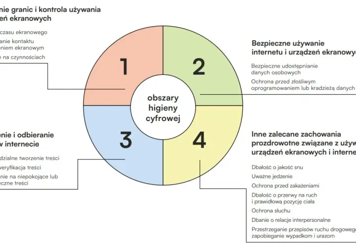 Diagram przedstawia obszary higieny cyfrowej: stawianie granic, tworzenie treści, bezpieczne używanie internetu i inne zalecane zachowania. Kluczowe zasady w związku z cyfrowym życiem.
