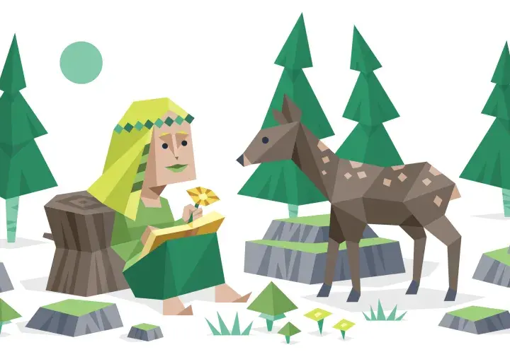 Kobieta o łagodnym spojrzeniu, symbolizująca infp-t charakterystykę, siedzi na pniu, trzymając kwiat. Obok niej stoi sarenka, a w tle las i księżyc.