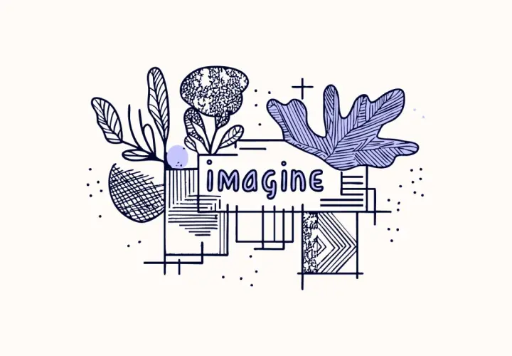 Abstrakcyjna technika wizualizacji z napisem "imagine" otoczonym przez stylizowane liście i geometryczne kształty.