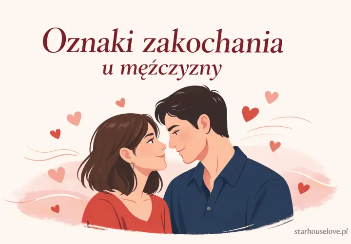 Ilustracja przedstawia parę patrzącą na siebie z miłością, otoczoną serduszkami. Tekst "Oznaki zakochania u mężczyzny" sugeruje, że to wizualizacja etapów zakochania.