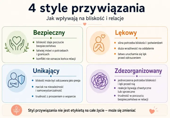 Bezpieczny styl przywiązania: bliskość daje poczucie bezpieczeństwa, łatwość w komunikacji potrzeb i granic. Konflikt nie kończy relacji.
