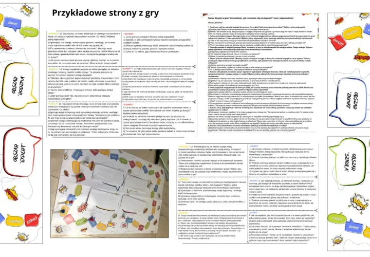 Ilustracja przedstawia planszę gry edukacyjnej z elementami wizualnymi, która zawiera przykłady błędów w komunikacji.