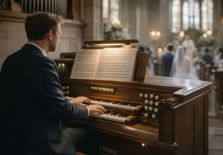 Mężczyzna w garniturze gra na organach w kościele. W tle para młoda i goście. Zastanawiasz się, ile bierze organista za ślub?