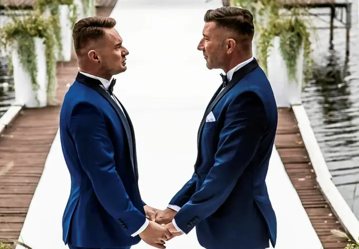 Dwóch panów w eleganckich garniturach trzyma się za ręce, celebrując swój ślub homoseksualny.