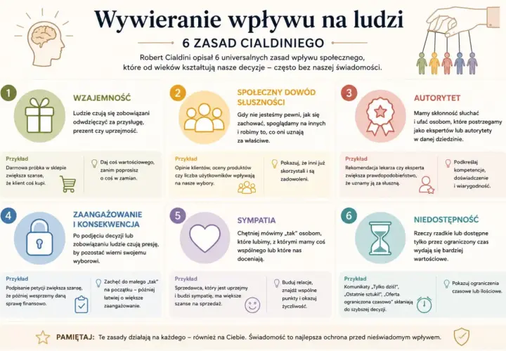 Grafika przedstawia 6 zasad wpływu społecznego Cialdiniego: wzajemność, społeczny dowód słuszności, autorytet, zaangażowanie i konsekwencja, sympatia, niedostępność. Reguła lubienia jest kluczowa w sympatii.