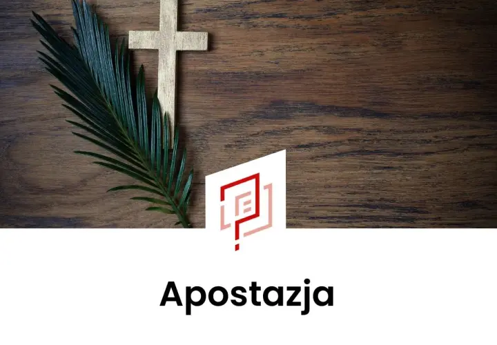 Złoty krzyż i gałązka palmy na drewnianym tle. Tekst "Apostazja" sugeruje unieważnienie chrztu.