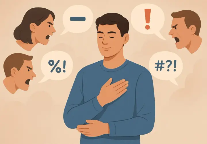 Mężczyzna z zamkniętymi oczami i ręką na sercu ignoruje krzyczące wokół niego osoby. Ilustracja symbolizuje nieumiejętność przyjmowania krytyki.