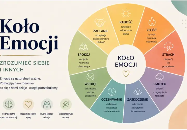 Koło Emocji pomaga w nazywaniu emocji, zrozumieniu siebie i innych. Zawiera radość, zaufanie, spokój, wstręt, oczekiwanie, zaskoczenie, smutek, strach i złość.