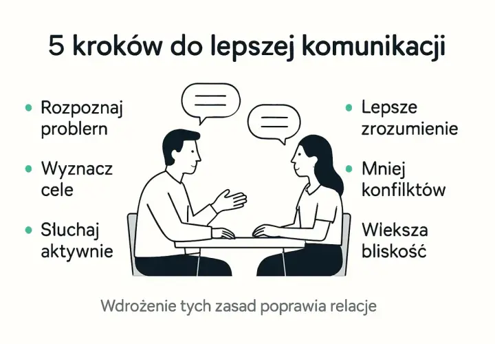 5 kroków do lepszej komunikacji: rozpoznaj problem, wyznacz cele, słuchaj aktywnie. Lepsze zrozumienie i mowa werbalna budują bliskość.