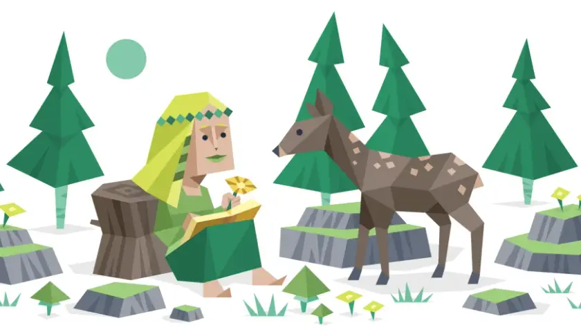 Kobieta o łagodnym spojrzeniu, symbolizująca infp-t charakterystykę, siedzi na pniu, trzymając kwiat. Obok niej stoi sarenka, a w tle las i księżyc.