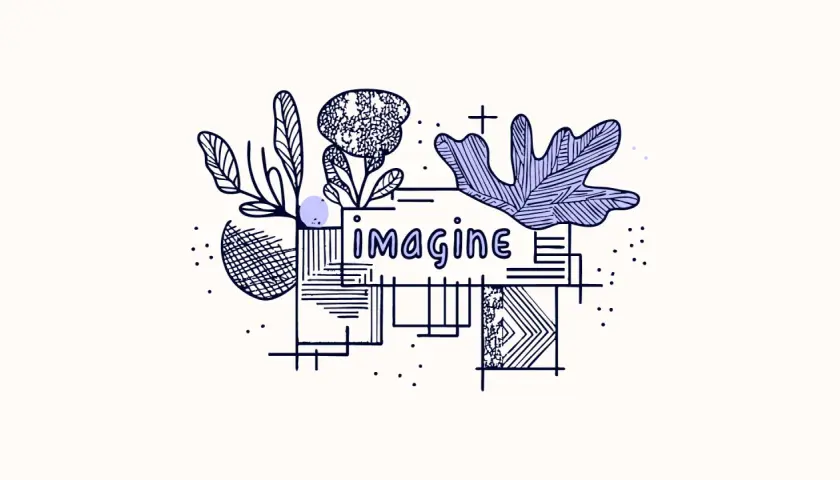 Abstrakcyjna technika wizualizacji z napisem "imagine" otoczonym przez stylizowane liście i geometryczne kształty.
