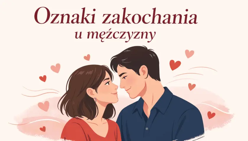 Ilustracja przedstawia parę patrzącą na siebie z miłością, otoczoną serduszkami. Tekst "Oznaki zakochania u mężczyzny" sugeruje, że to wizualizacja etapów zakochania.