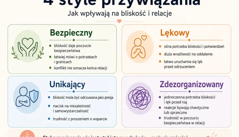 Bezpieczny styl przywiązania: bliskość daje poczucie bezpieczeństwa, łatwość w komunikacji potrzeb i granic. Konflikt nie kończy relacji.
