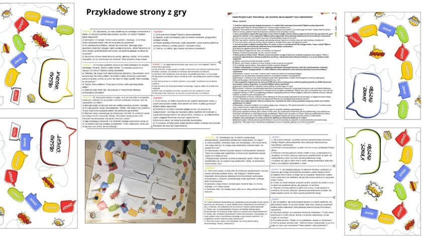 Ilustracja przedstawia planszę gry edukacyjnej z elementami wizualnymi, która zawiera przykłady błędów w komunikacji.