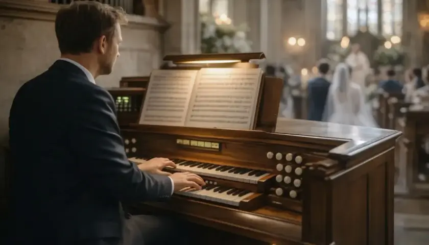 Mężczyzna w garniturze gra na organach w kościele. W tle para młoda i goście. Zastanawiasz się, ile bierze organista za ślub?