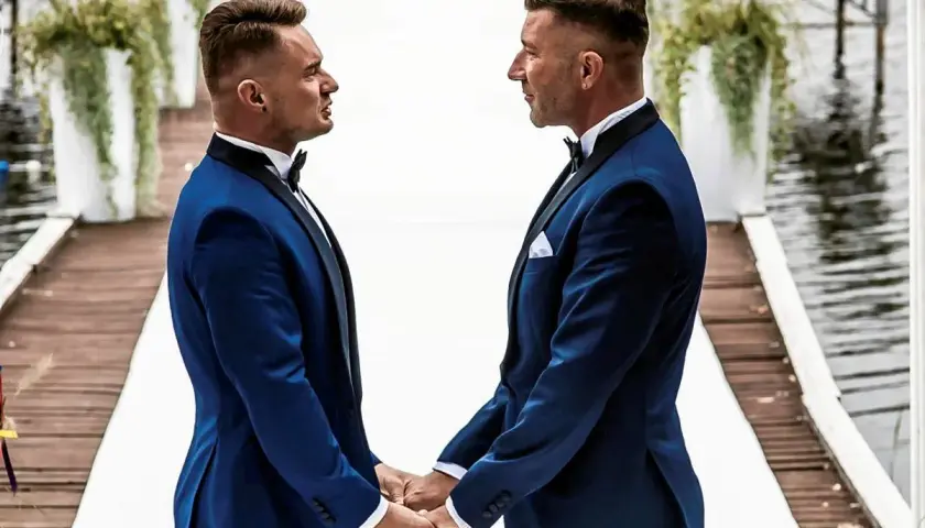 Dwóch panów w eleganckich garniturach trzyma się za ręce, celebrując swój ślub homoseksualny.