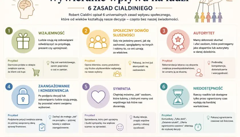Grafika przedstawia 6 zasad wpływu społecznego Cialdiniego: wzajemność, społeczny dowód słuszności, autorytet, zaangażowanie i konsekwencja, sympatia, niedostępność. Reguła lubienia jest kluczowa w sympatii.