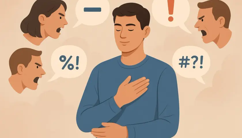 Mężczyzna z zamkniętymi oczami i ręką na sercu ignoruje krzyczące wokół niego osoby. Ilustracja symbolizuje nieumiejętność przyjmowania krytyki.
