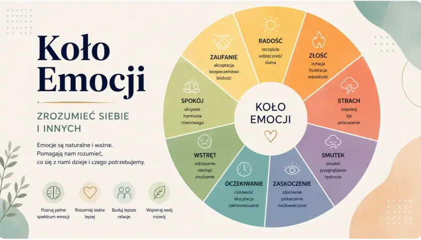 Koło Emocji pomaga w nazywaniu emocji, zrozumieniu siebie i innych. Zawiera radość, zaufanie, spokój, wstręt, oczekiwanie, zaskoczenie, smutek, strach i złość.