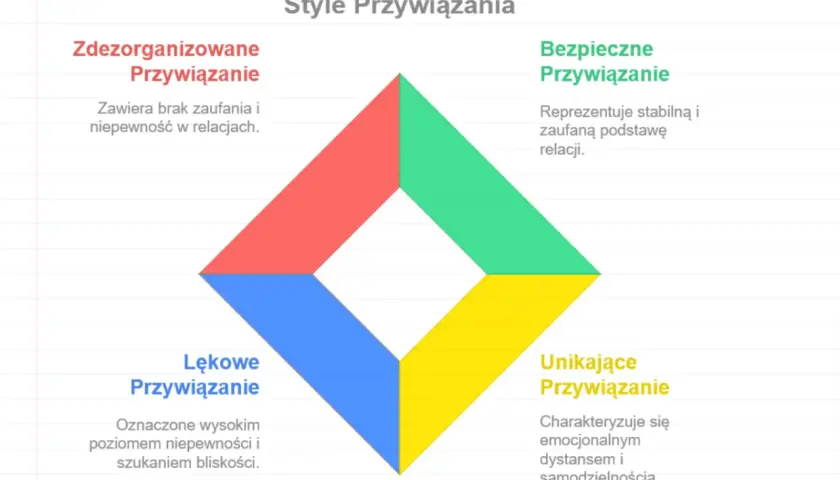 Diagram przedstawia cztery typy przywiązania: bezpieczne, lękowe, unikające i zdezorganizowane, opisując ich cechy.