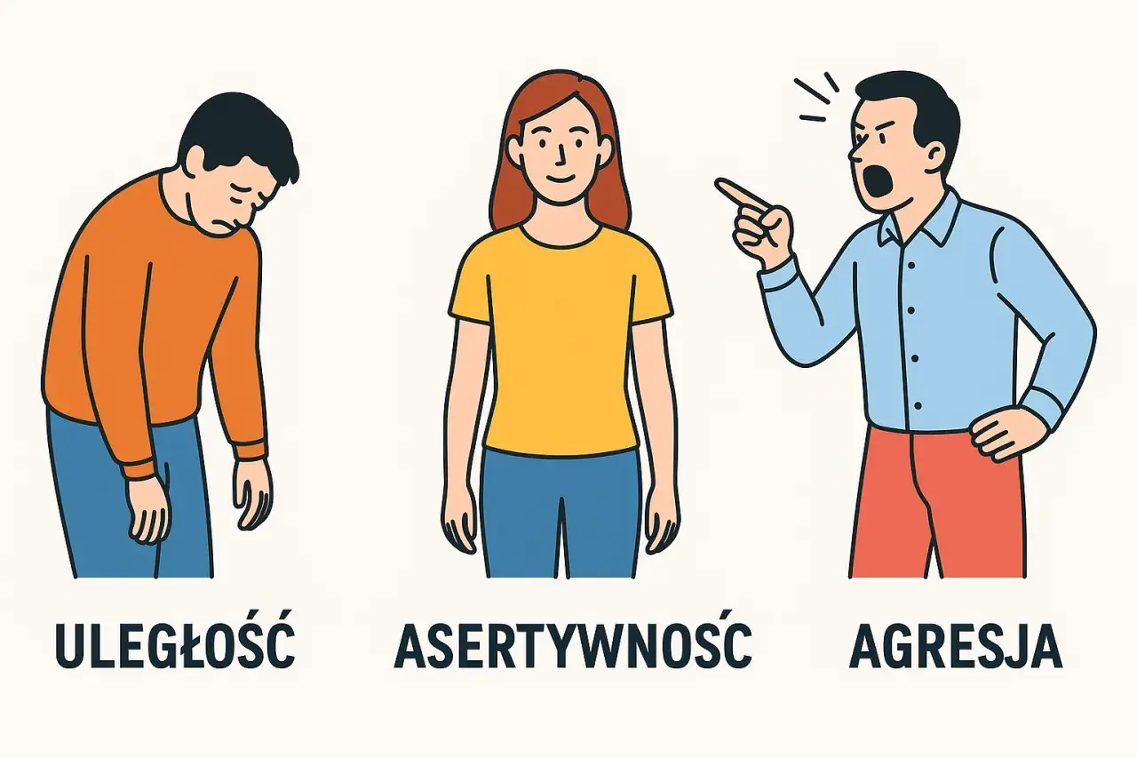 Uległość, asertywność i agresja. Chłopiec z opuszczoną głową, dziewczyna z uśmiechem i mężczyzna krzyczący.