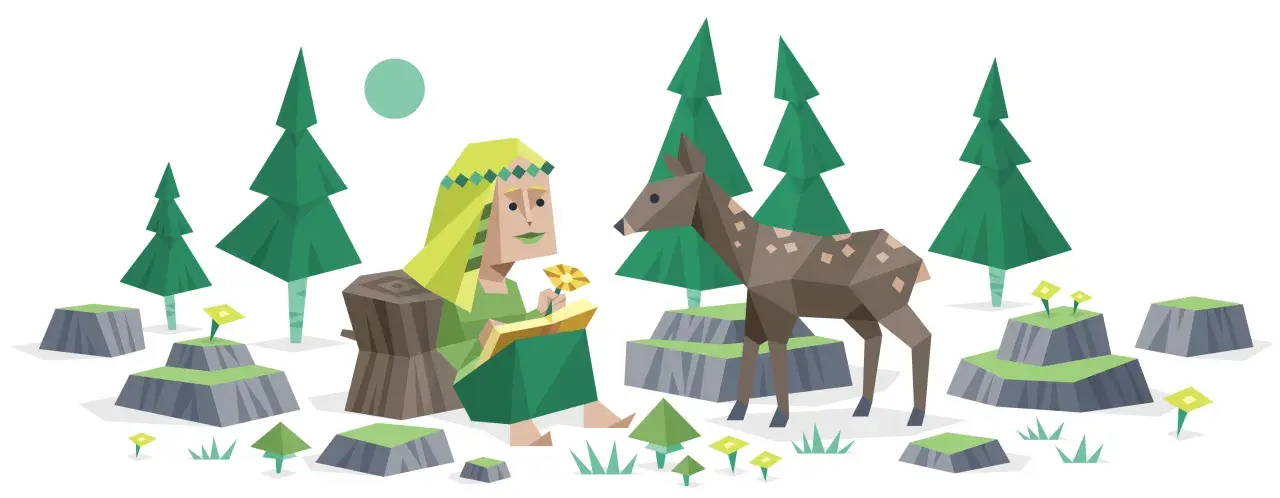 Kobieta o łagodnym spojrzeniu, symbolizująca infp-t charakterystykę, siedzi na pniu, trzymając kwiat. Obok niej stoi sarenka, a w tle las i księżyc.