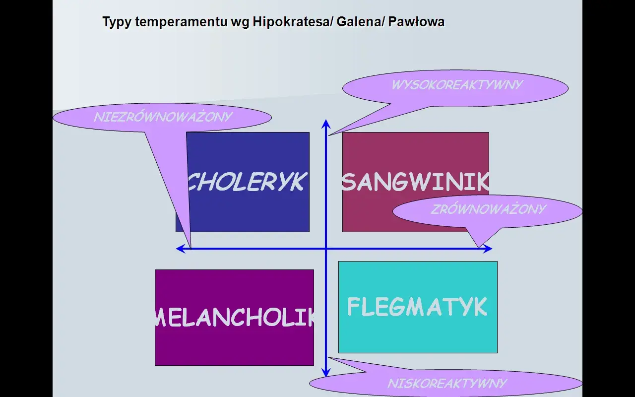 Wykres typów temperamentu: choleryk, sangwinik, melancholik, flegmatyk. Podział na reaktywność i równowagę.