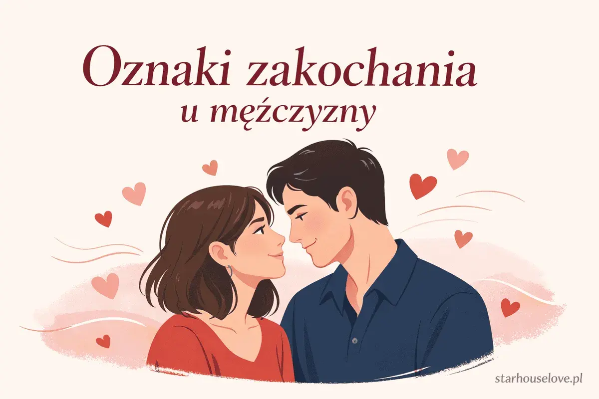 Ilustracja przedstawia parę patrzącą na siebie z miłością, otoczoną serduszkami. Tekst "Oznaki zakochania u mężczyzny" sugeruje, że to wizualizacja etapów zakochania.
