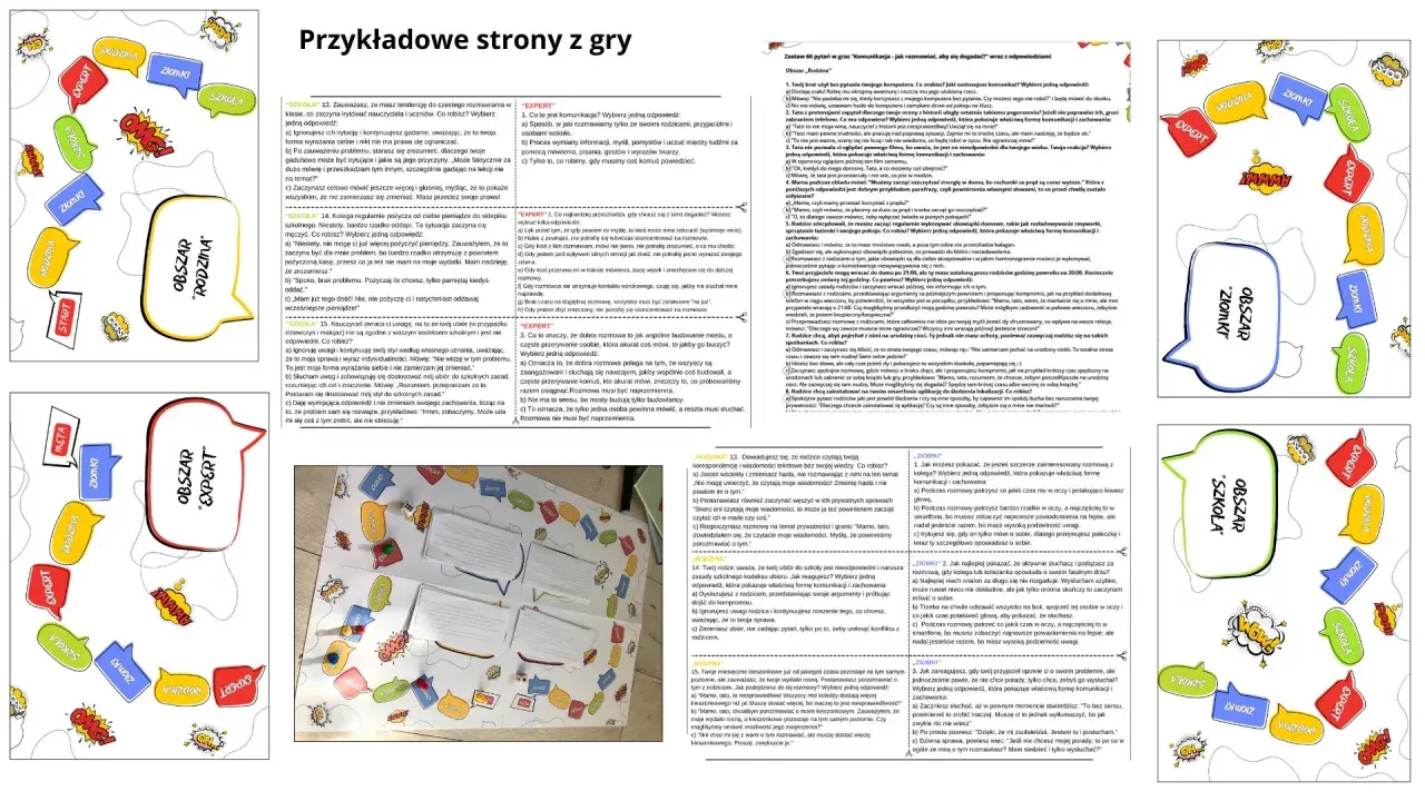 Ilustracja przedstawia planszę gry edukacyjnej z elementami wizualnymi, która zawiera przykłady błędów w komunikacji.