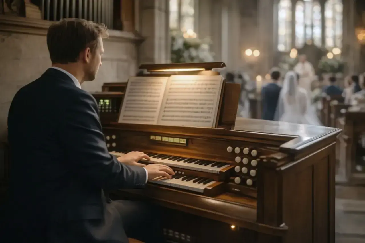 Mężczyzna w garniturze gra na organach w kościele. W tle para młoda i goście. Zastanawiasz się, ile bierze organista za ślub?