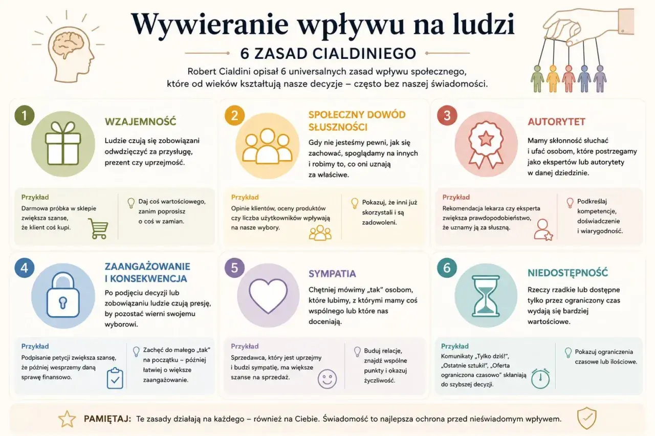Grafika przedstawia 6 zasad wpływu społecznego Cialdiniego: wzajemność, społeczny dowód słuszności, autorytet, zaangażowanie i konsekwencja, sympatia, niedostępność. Reguła lubienia jest kluczowa w sympatii.