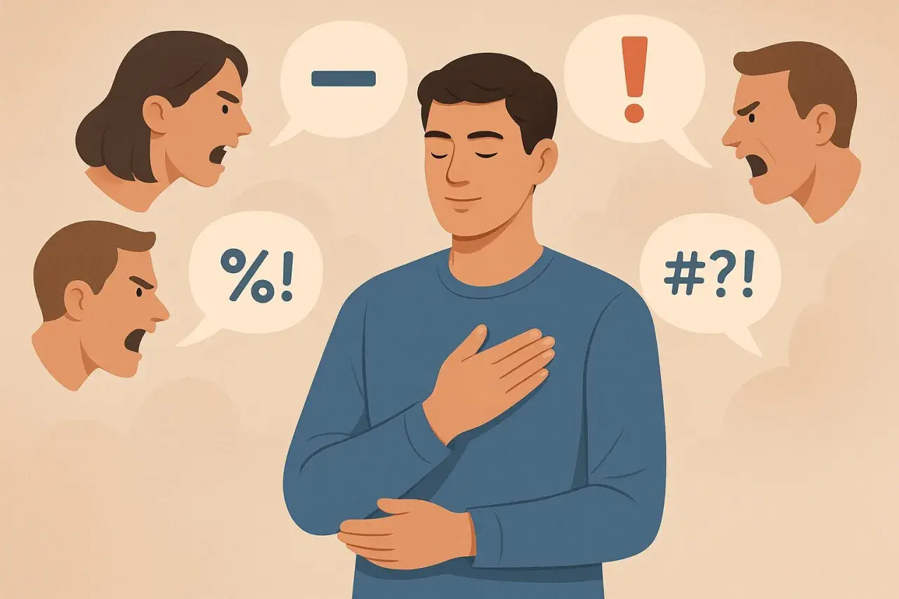 Mężczyzna z zamkniętymi oczami i ręką na sercu ignoruje krzyczące wokół niego osoby. Ilustracja symbolizuje nieumiejętność przyjmowania krytyki.