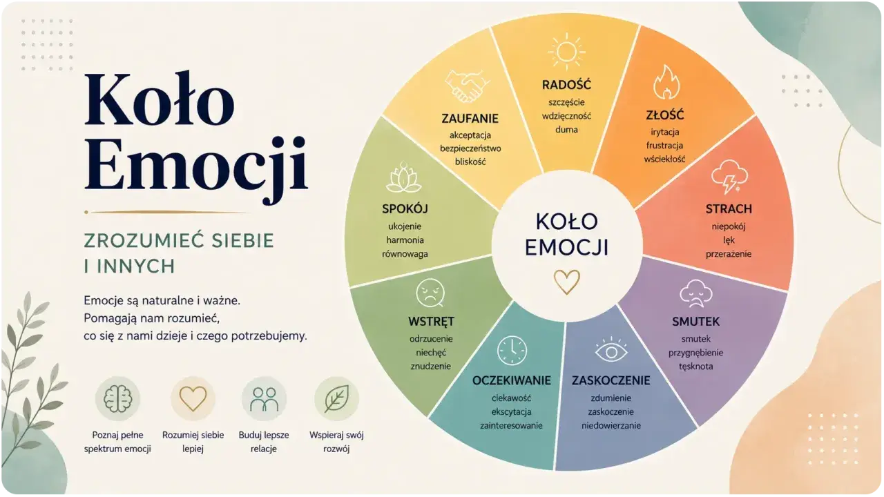 Koło Emocji pomaga w nazywaniu emocji, zrozumieniu siebie i innych. Zawiera radość, zaufanie, spokój, wstręt, oczekiwanie, zaskoczenie, smutek, strach i złość.