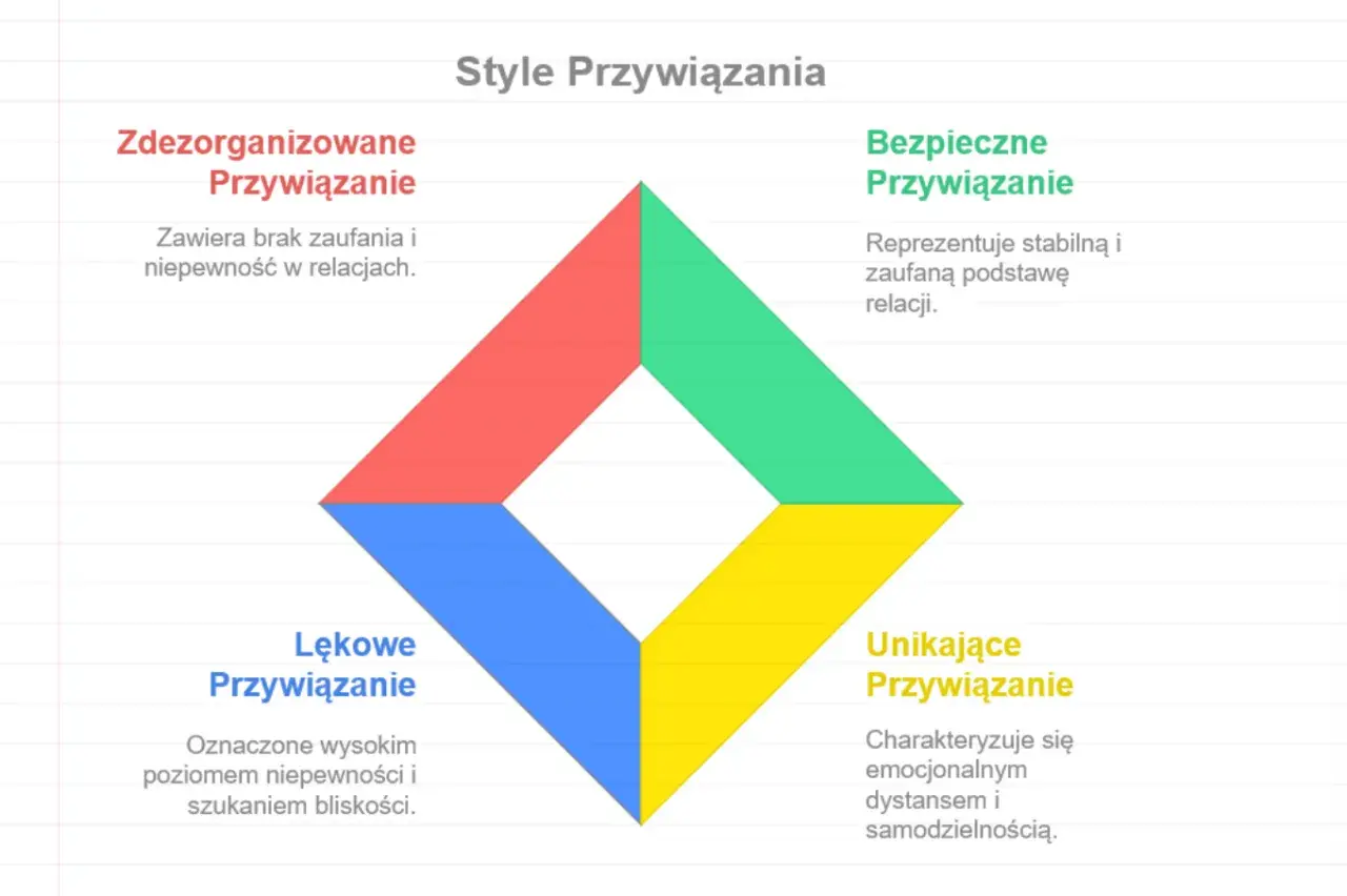 Diagram przedstawia cztery typy przywiązania: bezpieczne, lękowe, unikające i zdezorganizowane, opisując ich cechy.