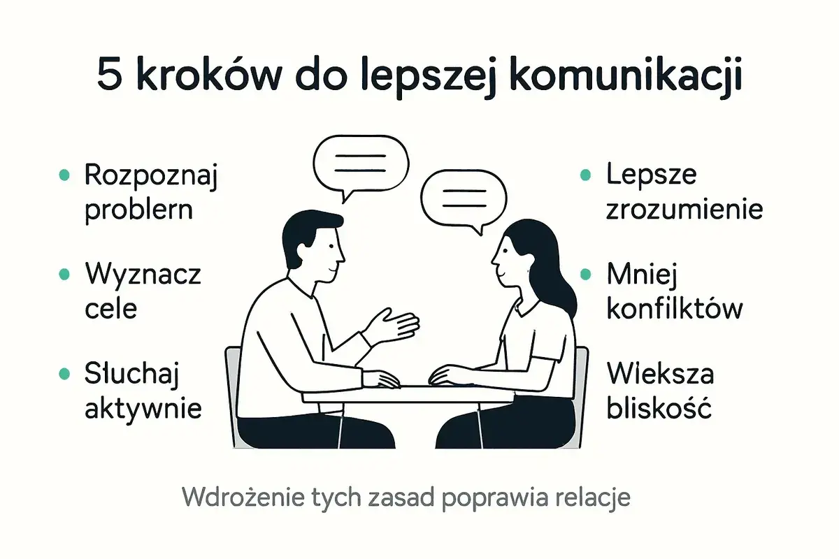 5 kroków do lepszej komunikacji: rozpoznaj problem, wyznacz cele, słuchaj aktywnie. Lepsze zrozumienie i mowa werbalna budują bliskość.