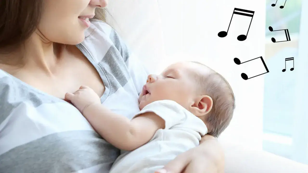 Mama śpiewa kołysankę dla dzieci. Maluch śpi spokojnie, otoczony dźwiękami muzyki.