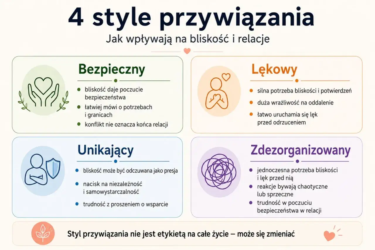 4 typy przywiązania: bezpieczny, lękowy, unikający, zdezorganizowany. Poznaj, jak wpływają na bliskość i relacje.
