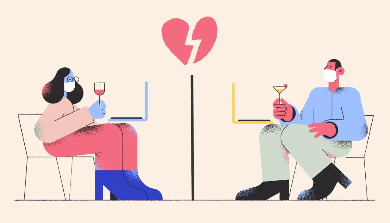 Ilustracja przedstawia dwoje ludzi na wideokonferencji, z rozdartym sercem nad nimi. Psychologia romansu z żonatym facetem często wiąże się z samotnością i nadzieją.