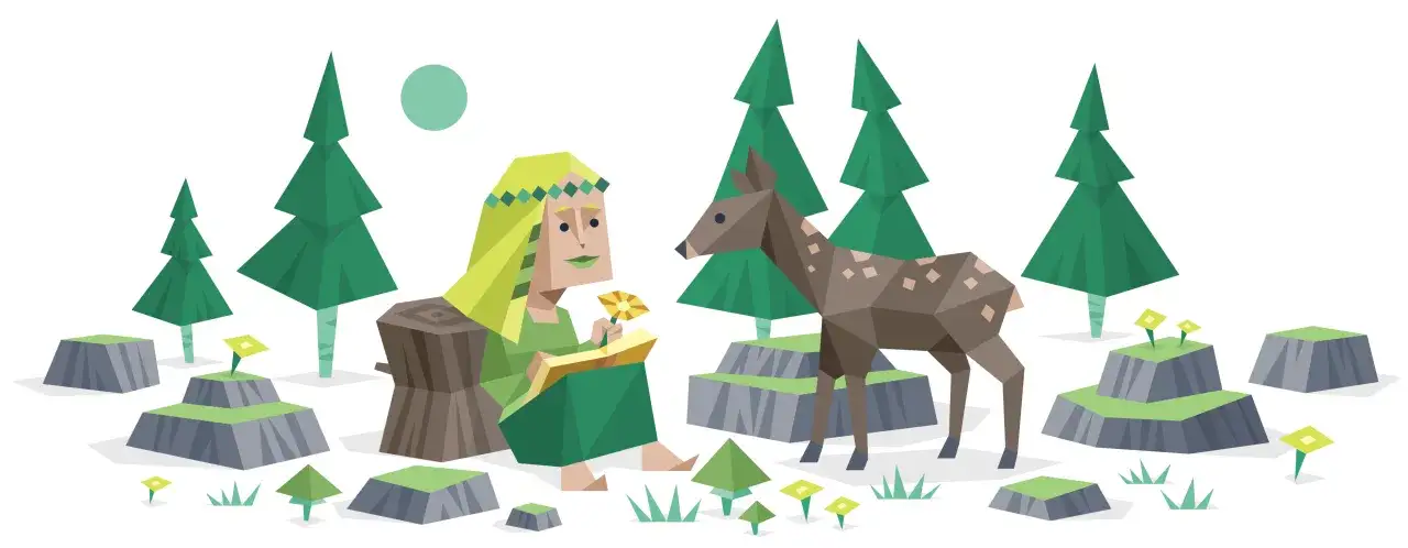 Kobieta o łagodnym spojrzeniu, symbolizująca infp-t charakterystykę, siedzi na pniu w lesie, trzymając kwiat. Obok niej stoi sarenka.