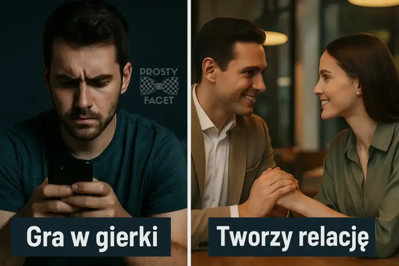 Po lewej: sfrustrowany mężczyzna po 40 gra w gry. Po prawej: ten sam fajny facet po 40 tworzy relację z kobietą.