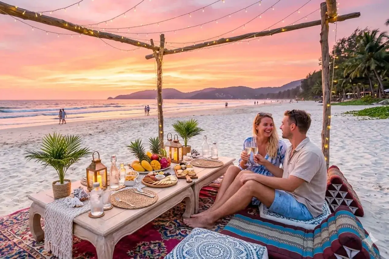 Romantyczna kolacja na plaży o zachodzie słońca. Para wznosi toasty, a stół ugina się pod ciężarem owoców i przekąsek. Idealne pomysły na randki.
